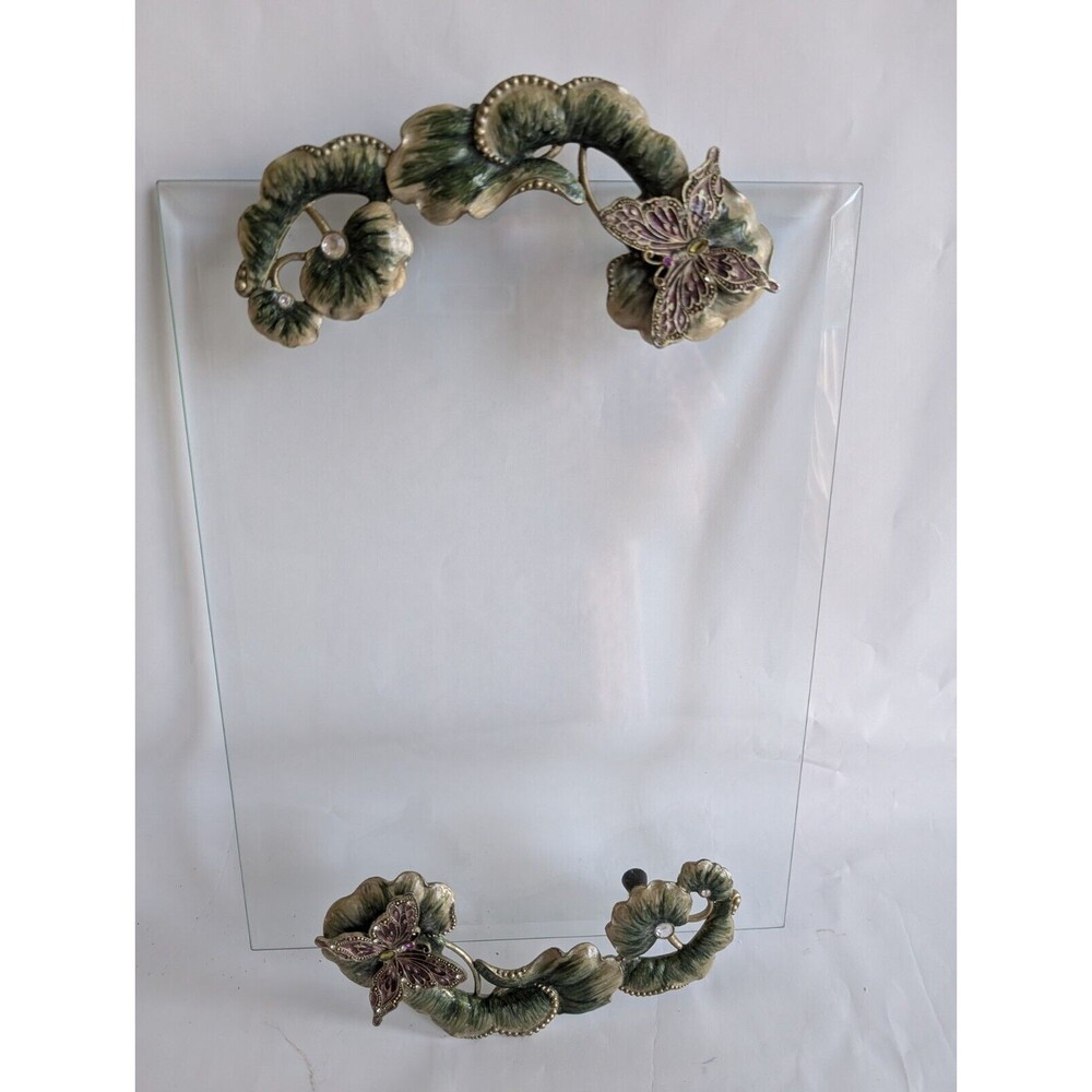 Butterfly Vanity Dresser TRAY Rhinestone Jeweled Enamel Flower Glass - Picture 5 of 6